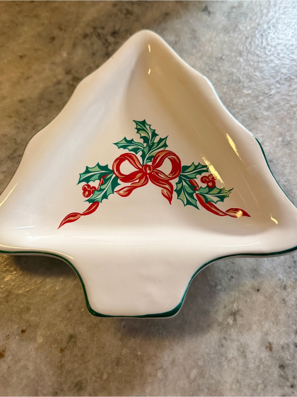 Holiday International White Ceramic Tree Dish with Red Bow and Green Holly
